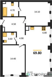 Планировка двухкомнатной(квартира) площадью 69.8 квадратных метров в ЖК “ЖК АУРА”