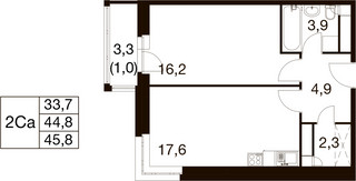 Планировка однокомнатной(квартира) площадью 44.3 квадратных метров в “ЖК Идеал”