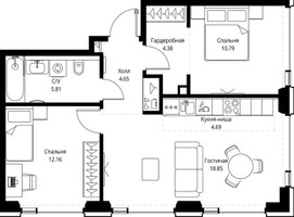 Планировка двухкомнатной(квартира) площадью 61.33 квадратных метров в “ЖК СЕТ”