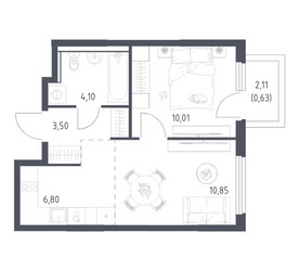 Планировка однокомнатной(квартира) площадью 35.89 квадратных метров в ЖК “ЖК Пригород Лесное”