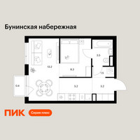 Планировка однокомнатной(квартира) площадью 35.3 квадратных метров в “Бунинская набережная”