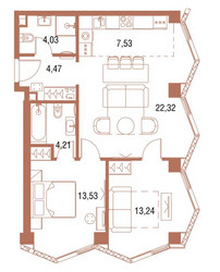Планировка двухкомнатной(квартира) площадью 70 квадратных метров в ЖК “ЖК Симфония 34”