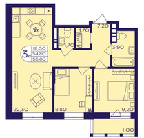 Планировка трехкомнатной(квартира) площадью 55.8 квадратных метров в “ЖК Героев”