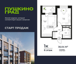 Планировка однокомнатной(квартира) площадью 36.04 квадратных метров в ЖК “ЖК Пушкино Град”