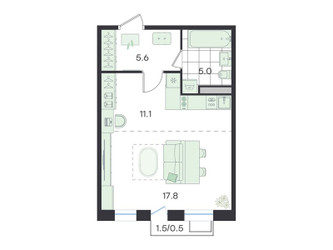 Планировка студии(квартира) площадью 40 квадратных метров в ЖК “ЖК G3 Театральный”
