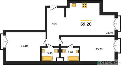 Планировка двухкомнатной(квартира) площадью 69.2 квадратных метров в ЖК “ДД:ОО:ММ. Дом на Часовой”