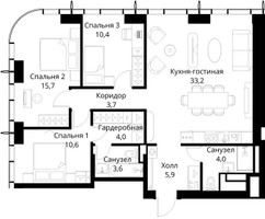 Планировка трехкомнатной(квартира) площадью 91.1 квадратных метров в “ЖК Сити Бэй”