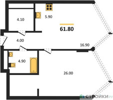 Планировка однокомнатной(квартира) площадью 61.8 квадратных метров в “ЖК Монблан”