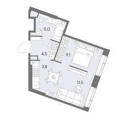 Планировка однокомнатной(квартира) площадью 33.9 квадратных метров в ЖК “ЖК Родина Переделкино”