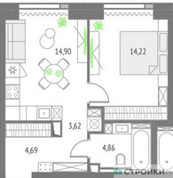 Планировка однокомнатной(квартира) площадью 42.29 квадратных метров в “ЖК Upside Towers (Апсайд Тауэрс)”