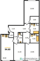 Планировка трехкомнатной(квартира) площадью 94.9 квадратных метров в “ЖК Voxhall (Воксхолл)”