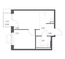 Планировка однокомнатной(квартира) площадью 33.52 квадратных метров в ЖК “ЖК Подольские кварталы”