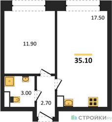 Планировка однокомнатной(квартира) площадью 35.1 квадратных метров в ЖК “ЖК Обручева 30”