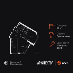 Планировка двухкомнатной(квартира) площадью 60.8 квадратных метров в ЖК “ЖК Архитектор”