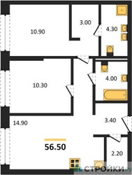 Планировка двухкомнатной(квартира) площадью 56.5 квадратных метров в ЖК “ЖК Portland (Портланд)”
