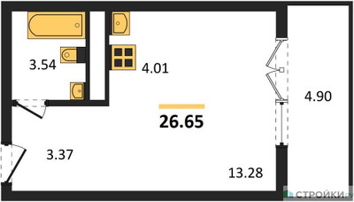 Планировка студии(квартира) площадью 26.65 квадратных метров в ЖК “ЖК Дюна”