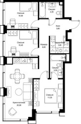 Планировка трехкомнатной(квартира) площадью 75 квадратных метров в ЖК “Мультиквартал СИТИДЗЕН”
