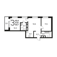 Планировка трехкомнатной(квартира) площадью 59.7 квадратных метров в “Новые Ватутинки. Заречный”