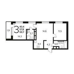 Планировка трехкомнатной(квартира) площадью 59.7 квадратных метров в ЖК “Новые Ватутинки. Заречный”