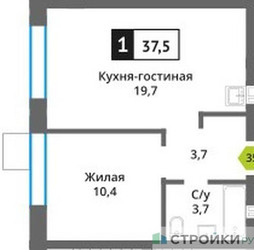 Планировка однокомнатной(квартира) площадью 37.5 квадратных метров в ЖК “ЖК Никольский квартал Отрада”