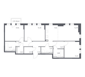 Планировка трехкомнатной(квартира) площадью 94.7 квадратных метров в ЖК “ЖК Остафьево”