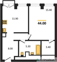 Планировка однокомнатной(апартаменты) площадью 44 квадратных метров в “ЖК Emotion (Эмоушен)”