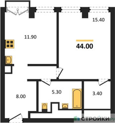 Планировка однокомнатной(апартаменты) площадью 44 квадратных метров в ЖК “ЖК Emotion (Эмоушен)”