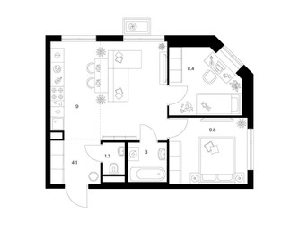Планировка двухкомнатной(квартира) площадью 48 квадратных метров в ЖК “ЖК Кавказский бульвар 51”