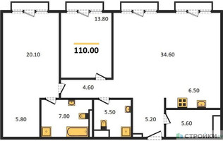 Планировка двухкомнатной(квартира) площадью 110 квадратных метров в “ЖК OPUS (Опус)”