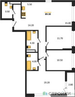 Планировка трехкомнатной(квартира) площадью 89.3 квадратных метров в “ЖК Родные кварталы”