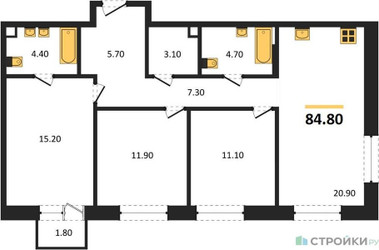 Планировка трехкомнатной(квартира) площадью 84.8 квадратных метров в ЖК “ЖК Shagal (Шагал)”