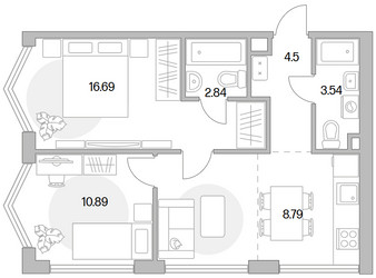 Планировка двухкомнатной(квартира) площадью 56.08 квадратных метров в ЖК “ЖК Мневники от Гранель”