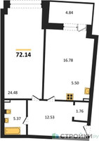 Планировка однокомнатной(апартаменты) площадью 72.14 квадратных метров в “ЖК Маршал”