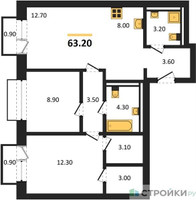 Планировка двухкомнатной(квартира) площадью 63.2 квадратных метров в “ЖК Равновесие”