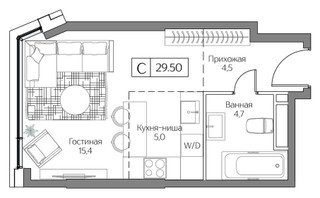 Планировка студии(квартира) площадью 29.5 квадратных метров в “ЖК Дрим Рива”