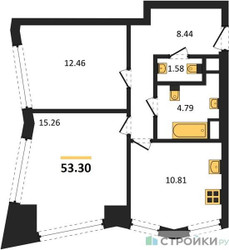 Планировка двухкомнатной(квартира) площадью 53.3 квадратных метров в ЖК “УНО Горбунова”