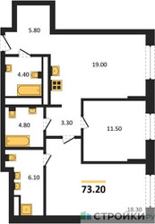 Планировка двухкомнатной(квартира) площадью 73.2 квадратных метров в ЖК “Архитектурный проект U2 (ЮТУ)”