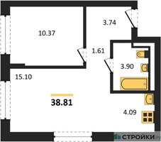 Планировка однокомнатной(квартира) площадью 38.81 квадратных метров в “ЖК Рублевский Квартал”