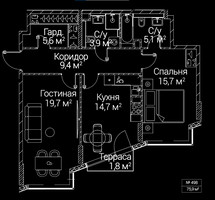 Планировка двухкомнатной(квартира) площадью 75.9 квадратных метров в “ЖК СЕЗАР БУДУЩЕЕ”