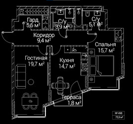 Планировка двухкомнатной(квартира) площадью 75.9 квадратных метров в ЖК “ЖК СЕЗАР БУДУЩЕЕ”