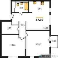Планировка двухкомнатной(квартира) площадью 67.05 квадратных метров в “ЖК Остафьево”