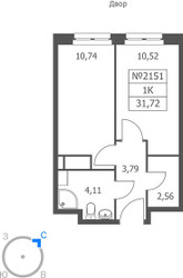 Планировка однокомнатной(апартаменты) площадью 31.72 квадратных метров в ЖК “ЖК Волковская 67”