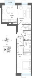 Планировка двухкомнатной(квартира) площадью 54.4 квадратных метров в ЖК “ЖК КИНОКВАРТАЛ”