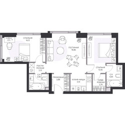 Планировка трехкомнатной(квартира) площадью 68.7 квадратных метров в ЖК “ЖК Hide (Хайд)”