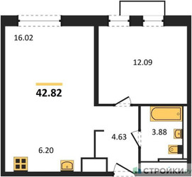 Планировка однокомнатной(квартира) площадью 42.82 квадратных метров в ЖК “ЖК Новое Внуково”