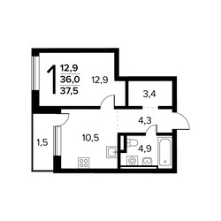 Планировка однокомнатной(квартира) площадью 37.5 квадратных метров в ЖК “Новые Ватутинки. Заречный”