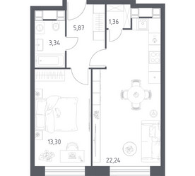 Планировка однокомнатной(апартаменты) площадью 46.11 квадратных метров в ЖК “ЖК Пятницкое 58 (Перец)”