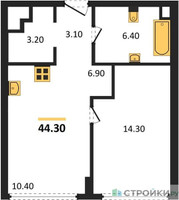 Планировка однокомнатной(квартира) площадью 43.8 квадратных метров в “ЖК River Park Кутузовский (Ривер Парк Тауэрс)”