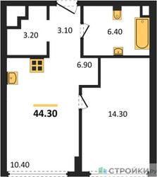 Планировка однокомнатной(квартира) площадью 43.8 квадратных метров в ЖК “ЖК River Park Кутузовский (Ривер Парк Тауэрс)”