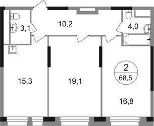 Планировка двухкомнатной(квартира) площадью 68.5 квадратных метров в ЖК “ЖК Первый Московский”